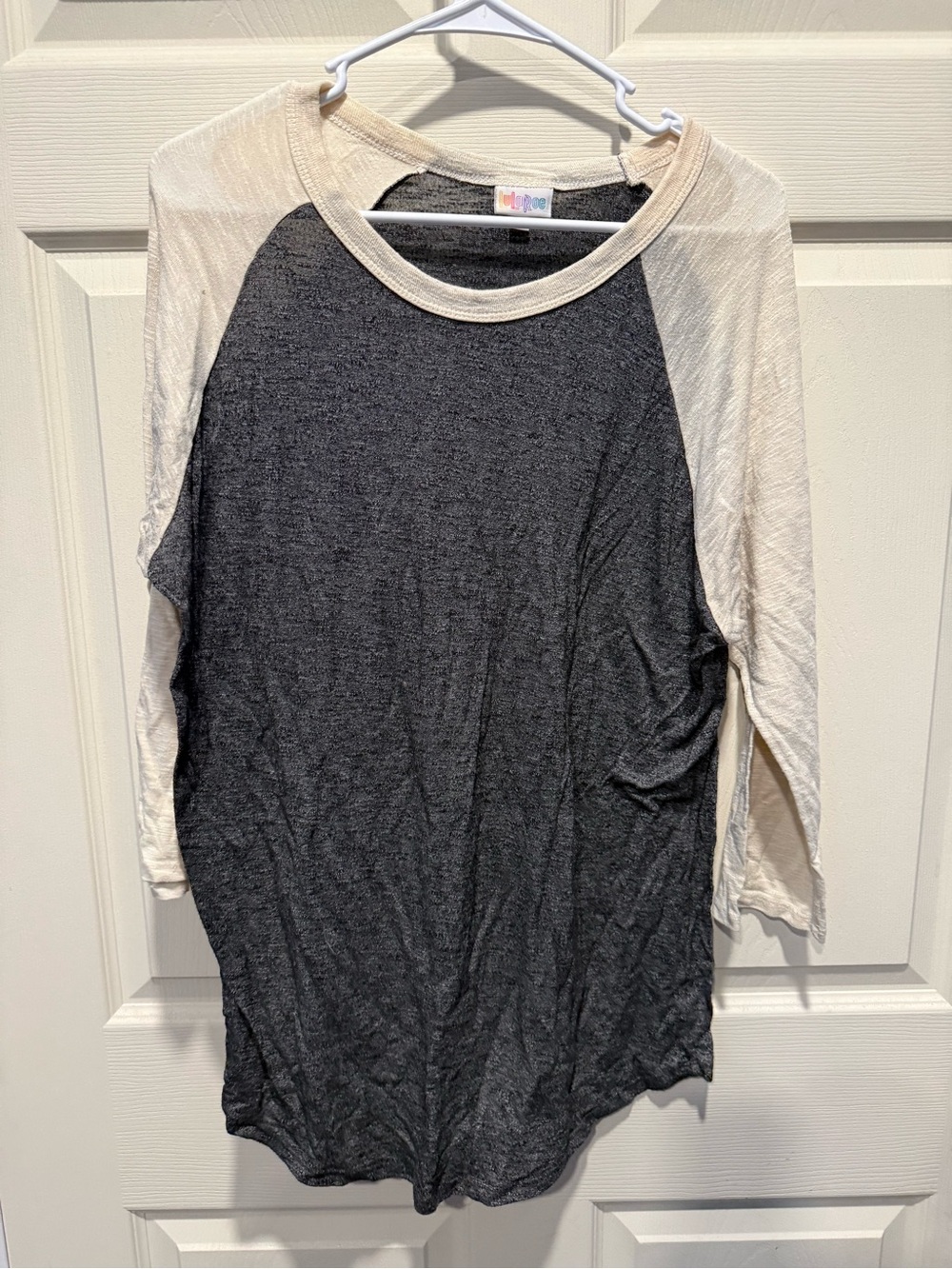 LuLaRoe Two-Tone Raglan Top in Charcoal and Cream